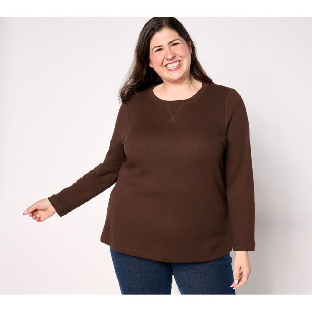 Denim & Co. Women's Top Sz L Essentials Waffle Knit Long-Sleeve Brown